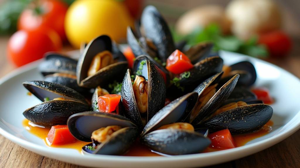 Moules ouvertes après cuisson avec la chair visible