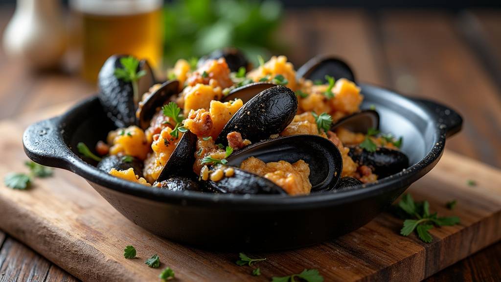 Moules dans une casserole avec des frites et pain