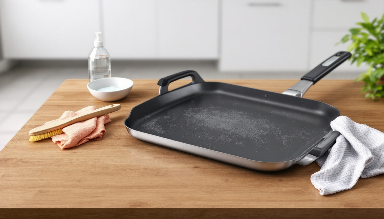 Crêpière sur une table de cuisine avec ustensiles de nettoyage