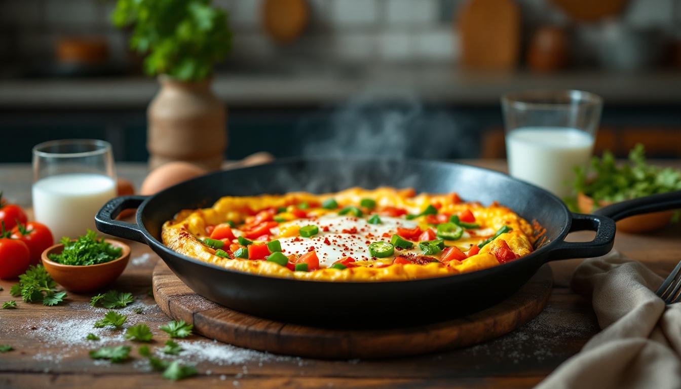 Omelette turque (Menemen) préparée dans une poêle en fonte