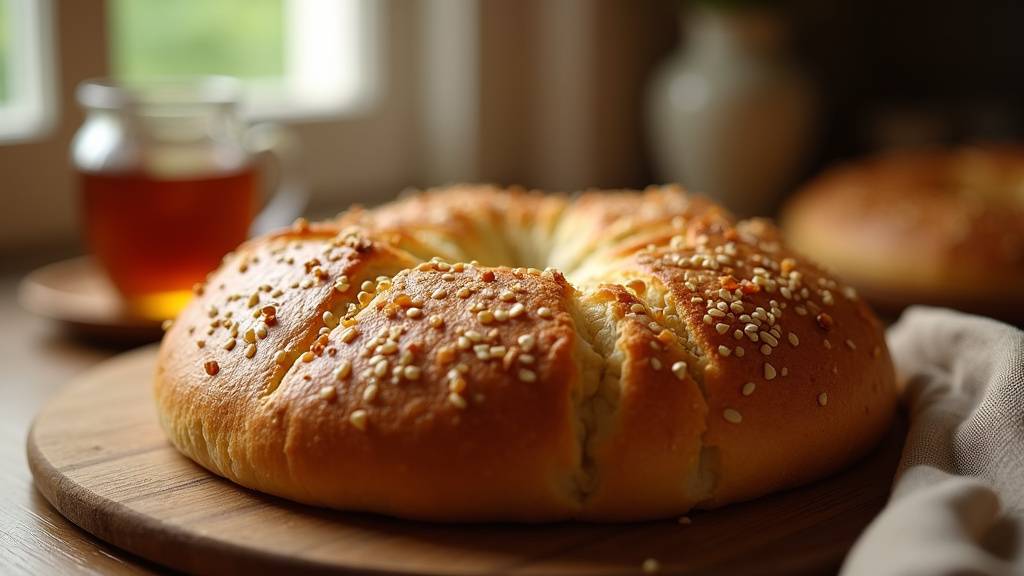 Pain pide turc doré sorti du four, parsemé de graines de sésame