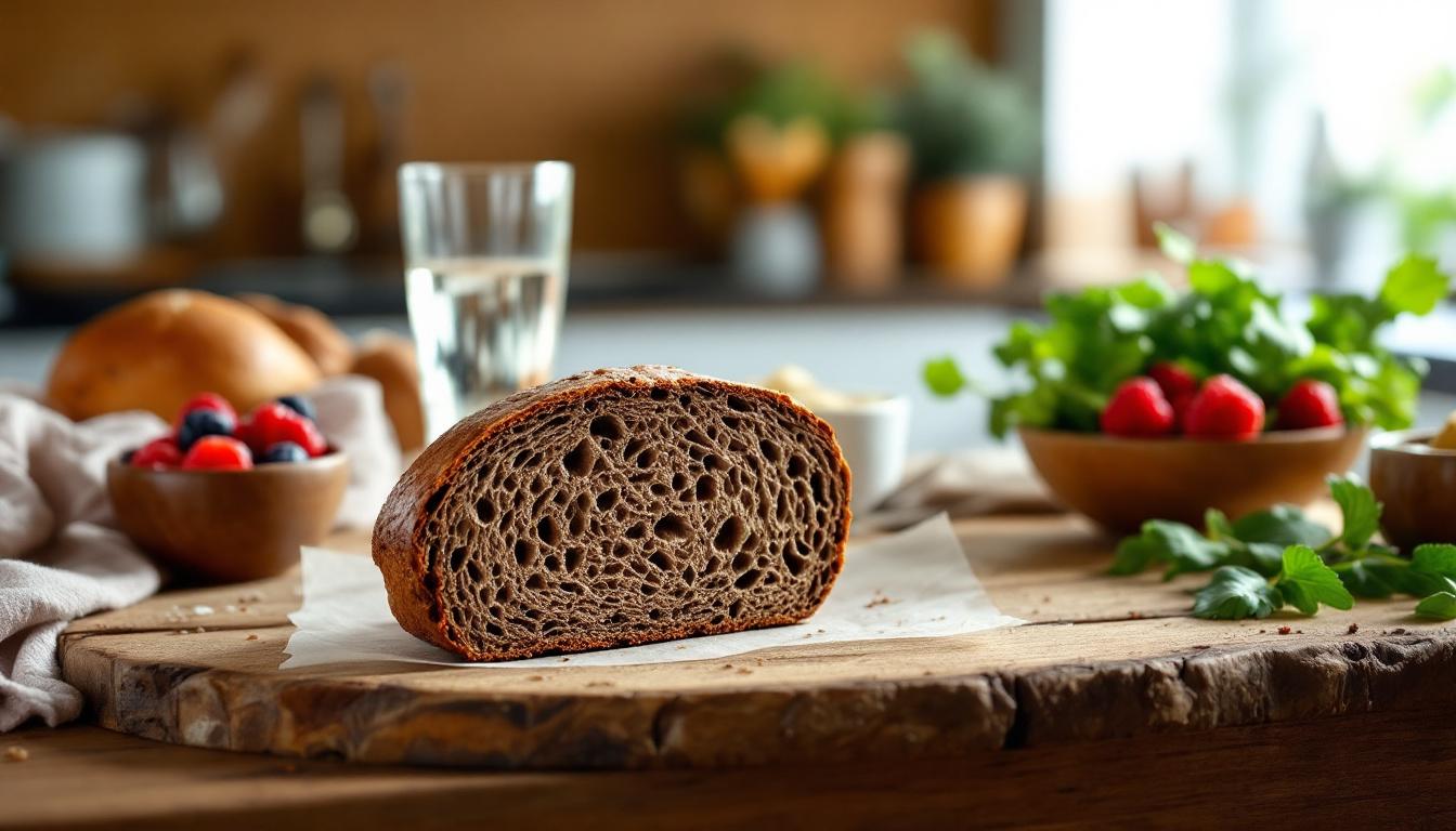 Tranches de pain de seigle avec des graines, sur une planche en bois