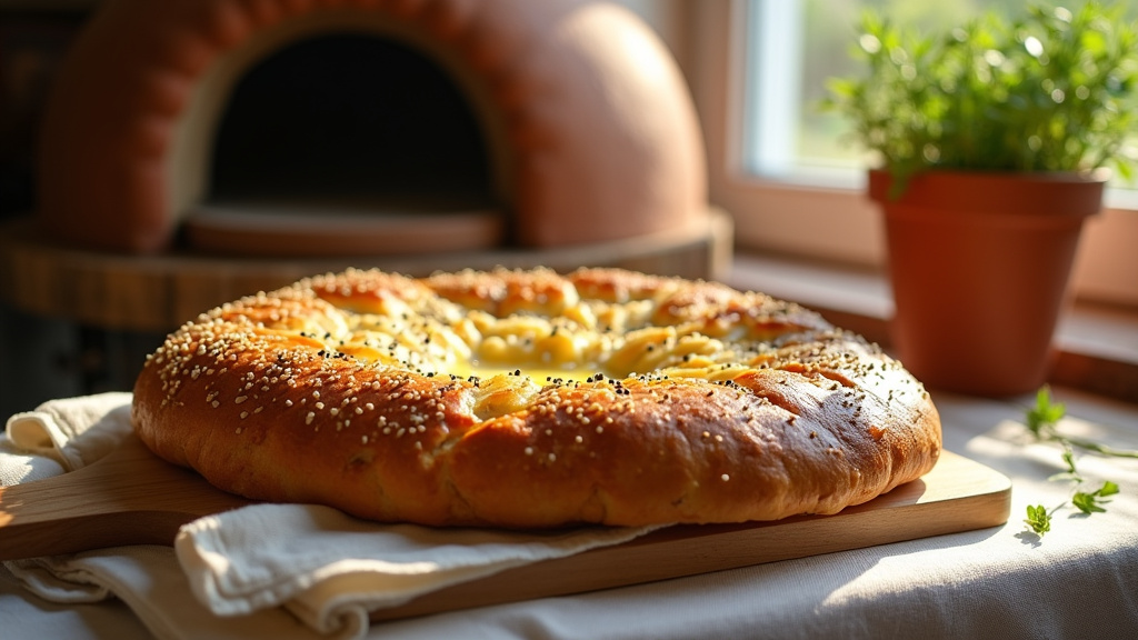 Pain turc pide moelleux sortant du four, doré et parsemé de graines