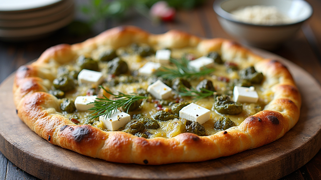 Pide turque garnie avec épinards et feta prête à être cuite