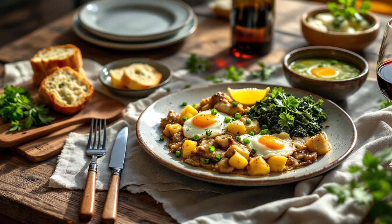 Assortiment de plats typiques portugais sur une table en bois, avec du Bacalhau, des pâtisseries et du vin
