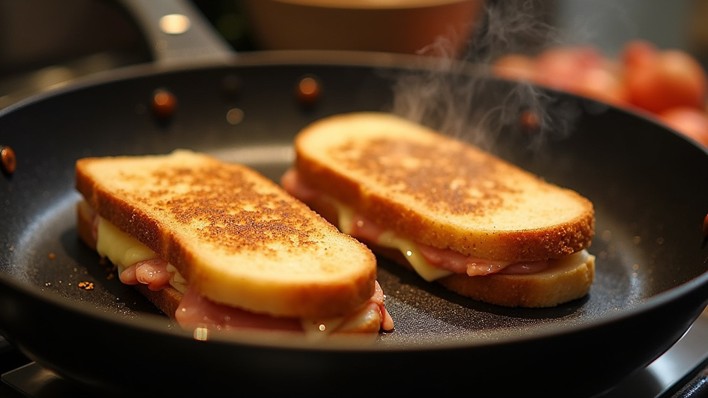 Panini réchauffé dans une poêle avec pression appliquée