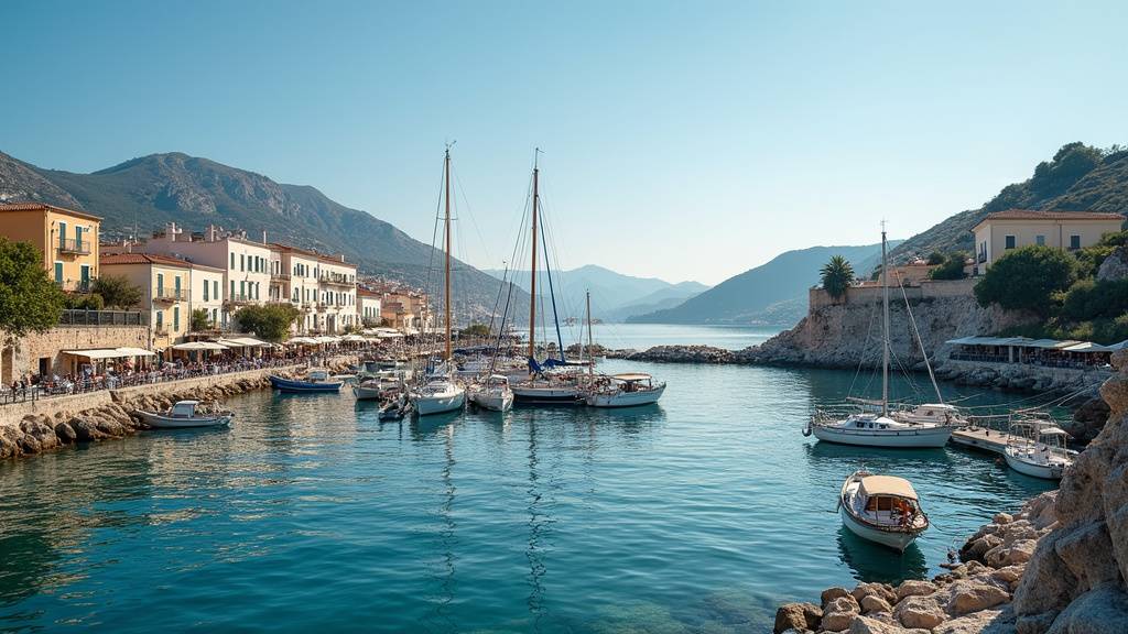 Port traditionnel d'Eski Foça avec bateaux colorés et cafés en bord de mer