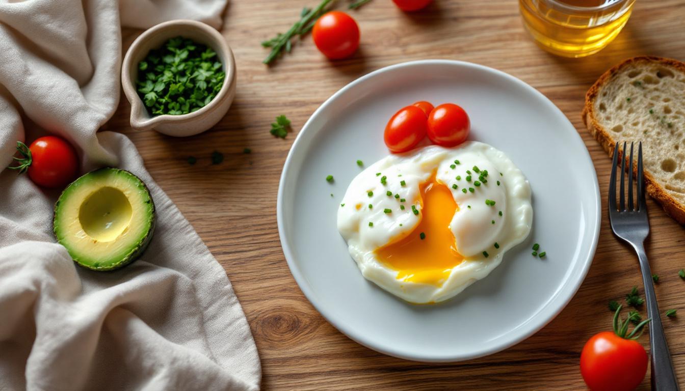 Présentation élégante d'œufs mollets sur assiette avec accompagnements