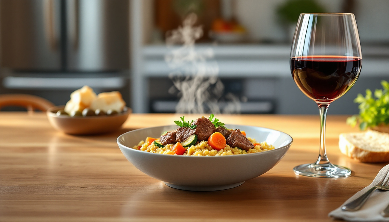 Table dressée avec un plat de couscous et différentes bouteilles de vin rouge