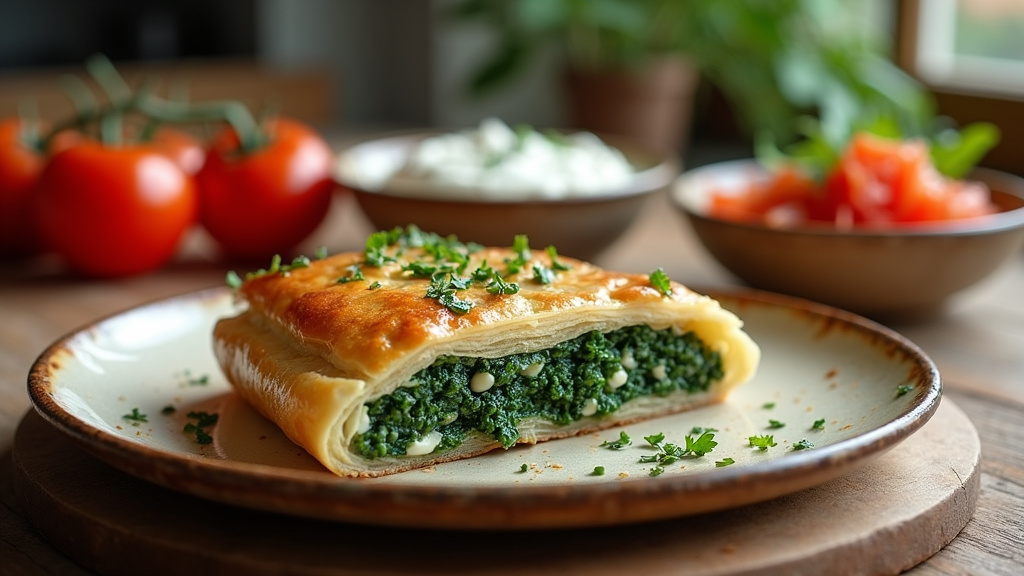 Börek aux épinards et feta doré sortant du four