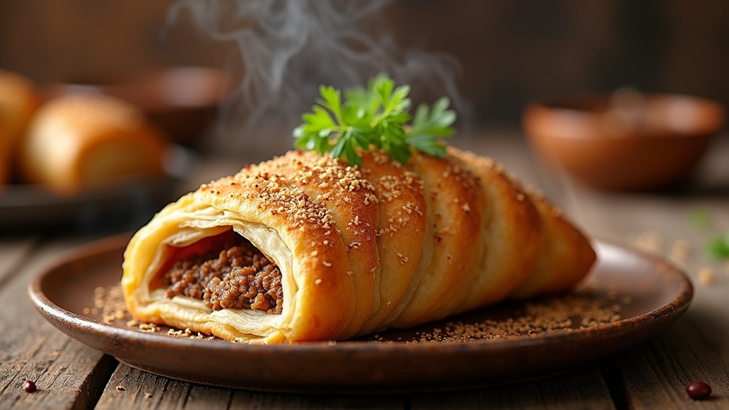Boreks turcs à la viande hachée prêts à être servis dans une assiette décorative