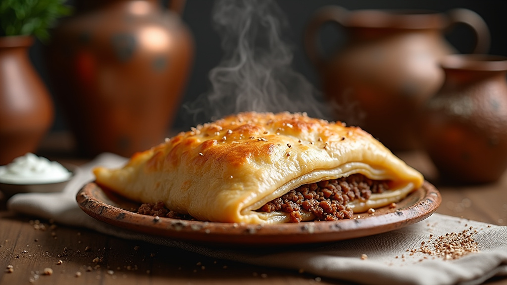 Borek turc à la viande hachée doré et croustillant sortant du four