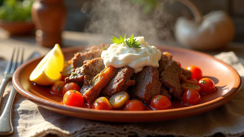 Détail de la préparation du Çökertme Kebabi avec viande marinée et frites