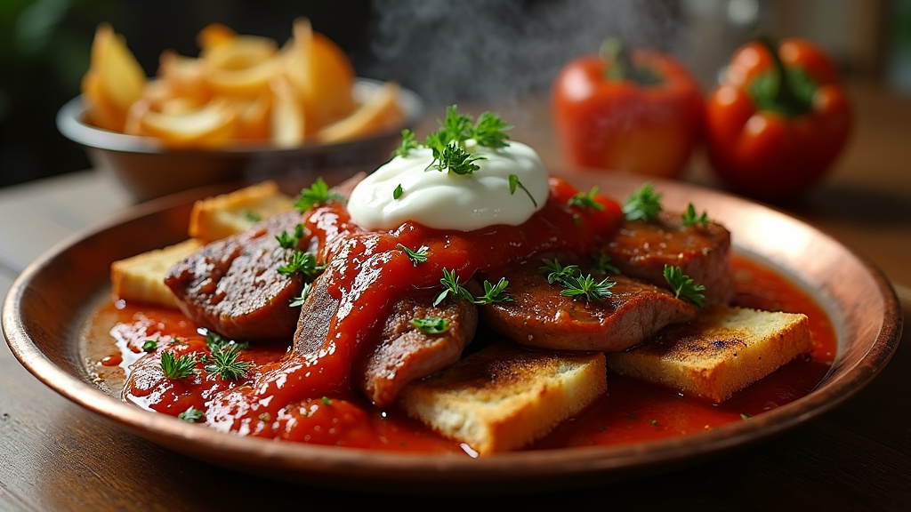 Viande d'agneau finement découpée pour Iskender kebab