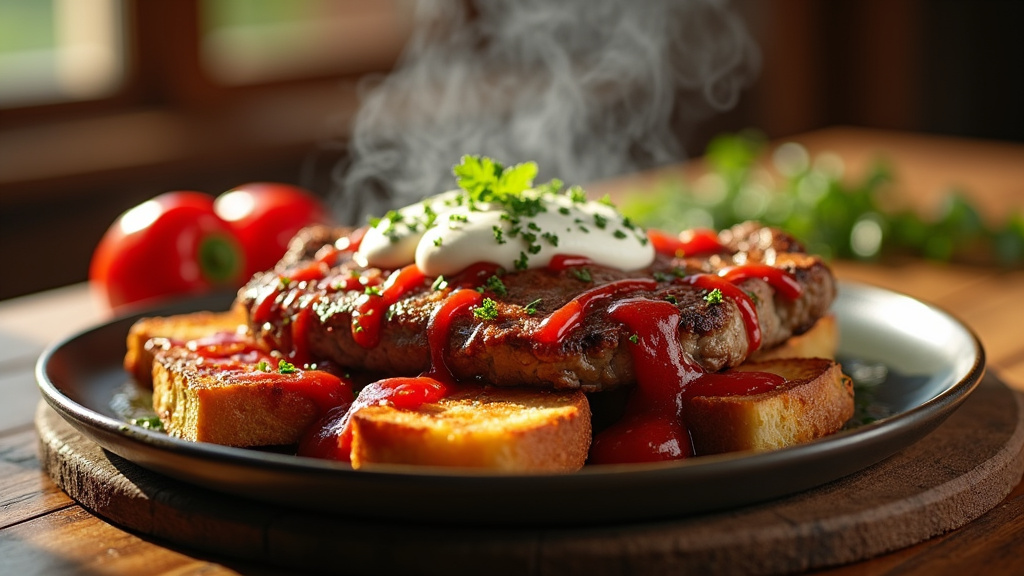 Iskender kebab traditionnel turc avec viande, sauce tomate et yaourt