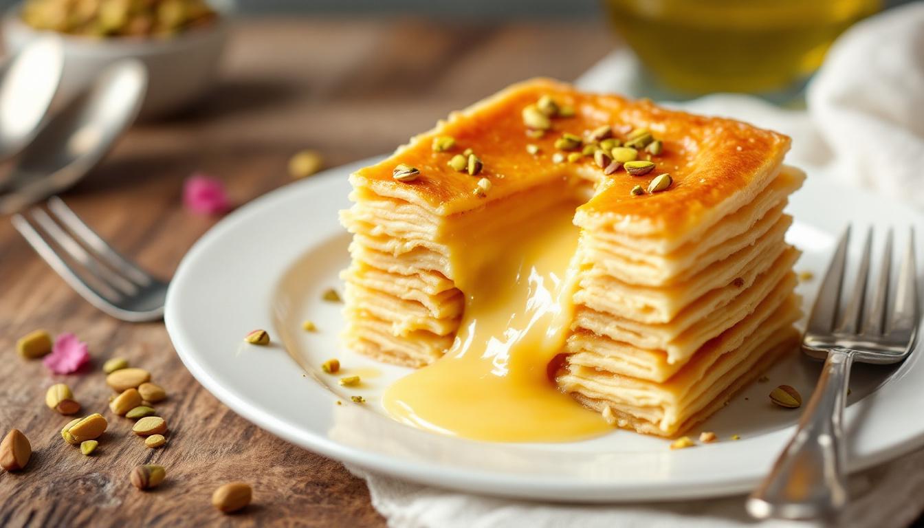 Kunefe doré sortant du four avec fromage fondu