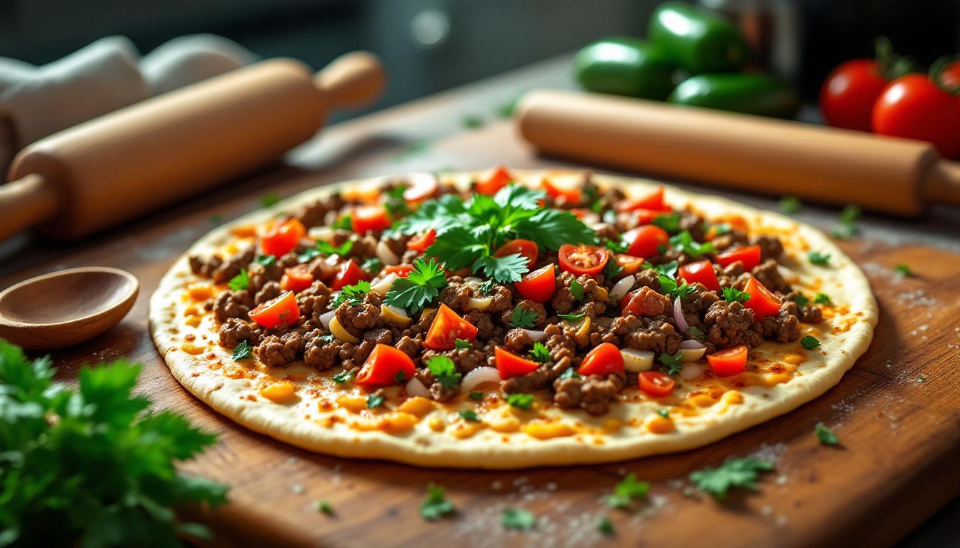 Lahmacun maison croustillant servi avec des crudités fraîches
