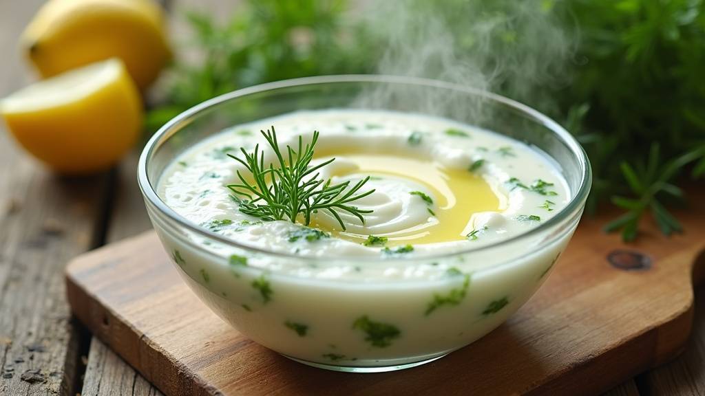 Préparation de la sauce cacik avec des herbes fraîches et du yaourt
