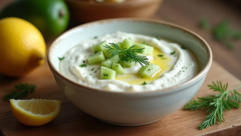 Sauce cacik servie avec des légumes grillés et du pain turc