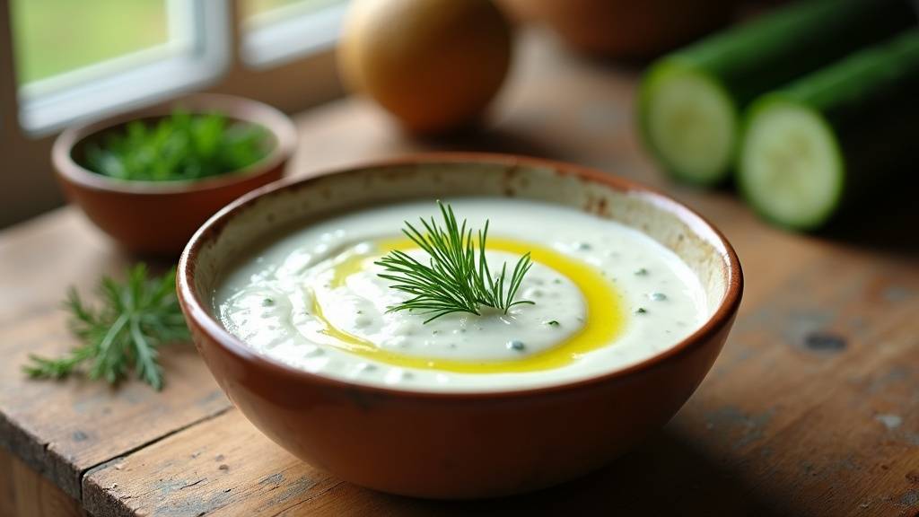 Bol de sauce cacik turque rafraîchissante avec des herbes fraîches
