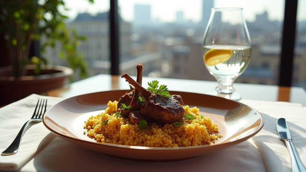 Vue aérienne du quartier de La Défense avec des icônes de restaurants
