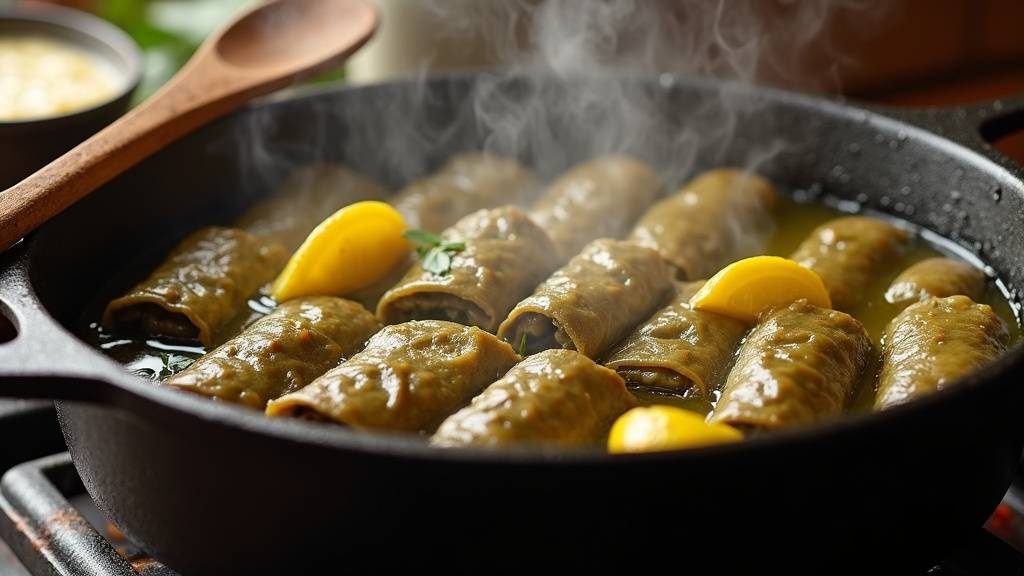 Mains en train de rouler des feuilles de vigne farcies pour le sarma
