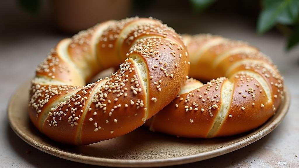 Photo d'un simit doré, le célèbre pain turc au sésame, avec un fond flou de rue turque