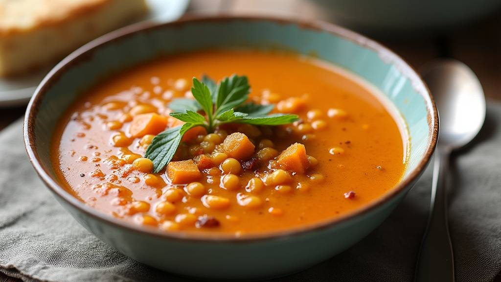 Bol de soupe turque Ezogelin garni de menthe fraîche et quartiers de citron