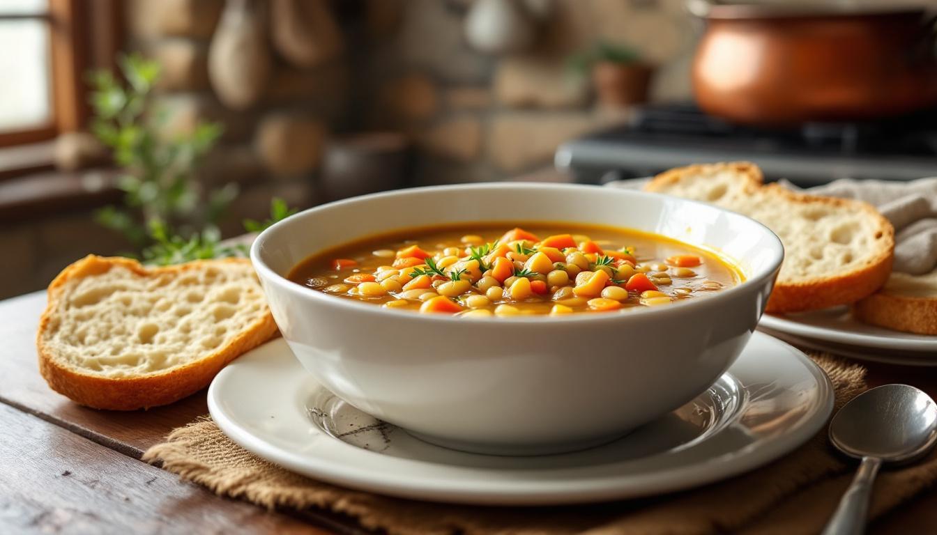 Bol de soupe turque aux lentilles corail (Mercimek Çorbasi) avec quartiers de citron et beurre pimenté