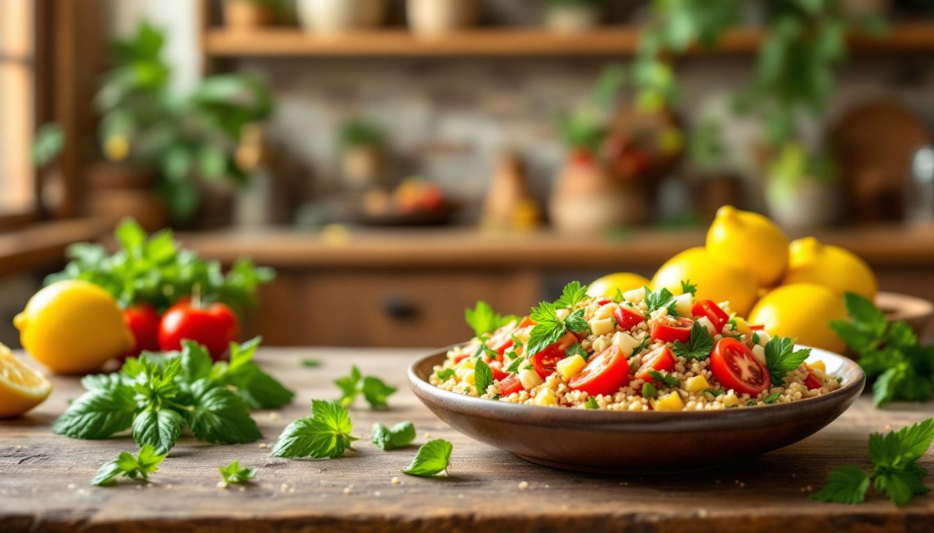 Bol de taboulé turc Kisir coloré avec des herbes fraîches et tomates