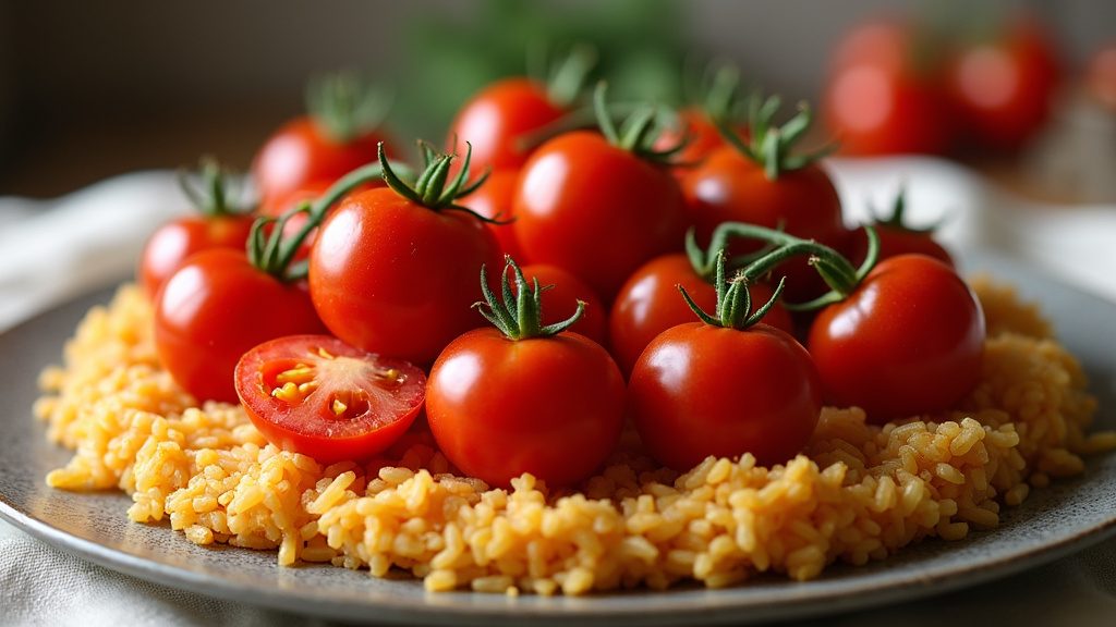 Présentation élégante des tomates farcies au riz sur assiette