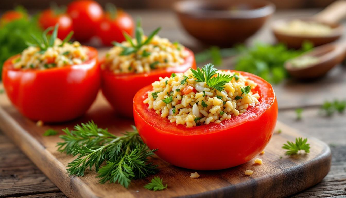 Tomates farcies au riz dorées sortant du four, recette traditionnelle de grand-mère