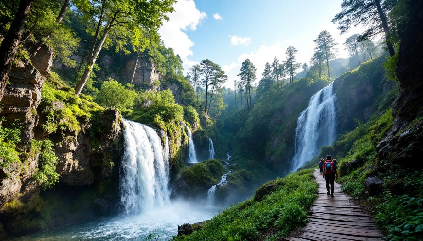 Vue panoramique de la cascade de Düden se jetant dans la Méditerranée à Antalya