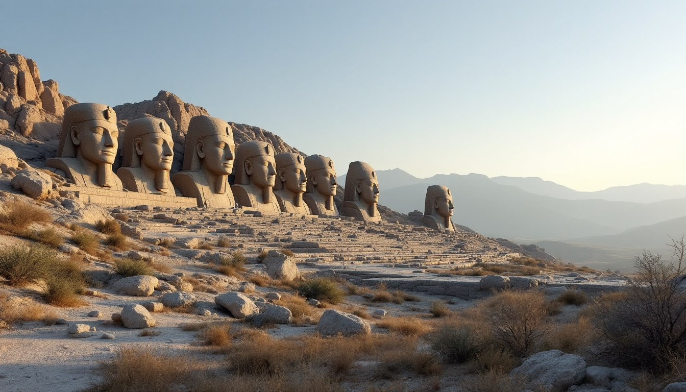 Vue panoramique du Mont Nemrut avec les statues colossales au lever du soleil