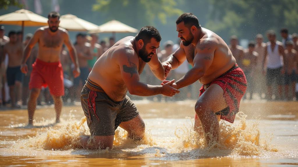 Lutteurs turcs huilés lors du championnat de Kırkpınar à Edirne